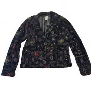 VTG Chico’s 0 Black Embroidered Suede Jacket Colorful Cotton‎ Boho Artsy Artwear